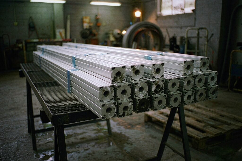 Aluminium T-slot extrusion profiles stacked on a workshop trestle, square 40 mm section with a T-shaped slot down each face and a round central bore, saw-cut ends showing the full cross-section under blue protective film