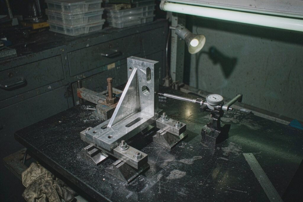 A machined aluminium L-bracket with triangular gussets and bolt slots clamped on V-blocks on a granite surface plate, a dial test indicator touching the vertical face and a steel rule lying flat beside it