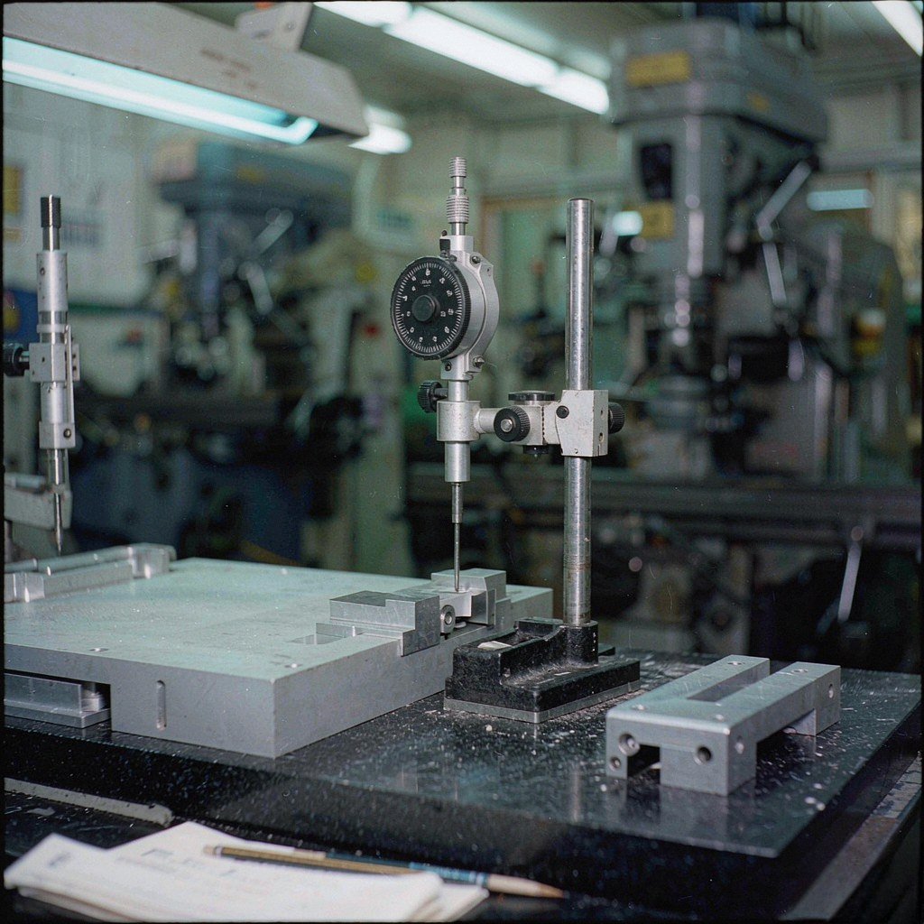 Dial indicator on a magnetic base checking the flatness of a machined rail seat on a granite surface plate