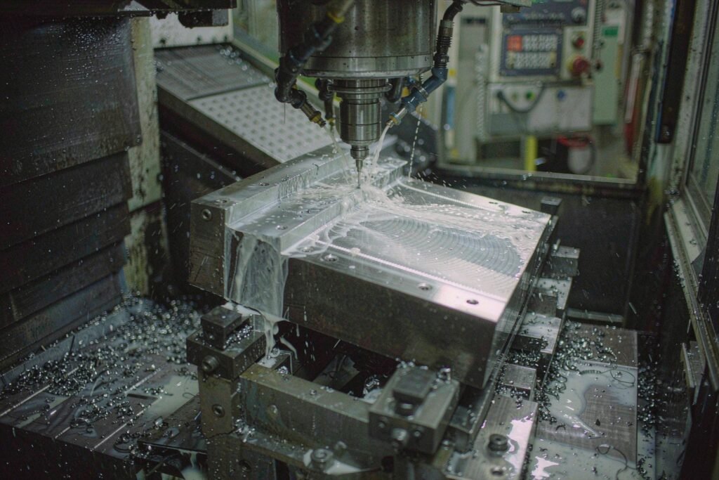 Face milling a long aluminium machine frame beam on a CNC machining centre with coolant, chips and a row of tapped holes