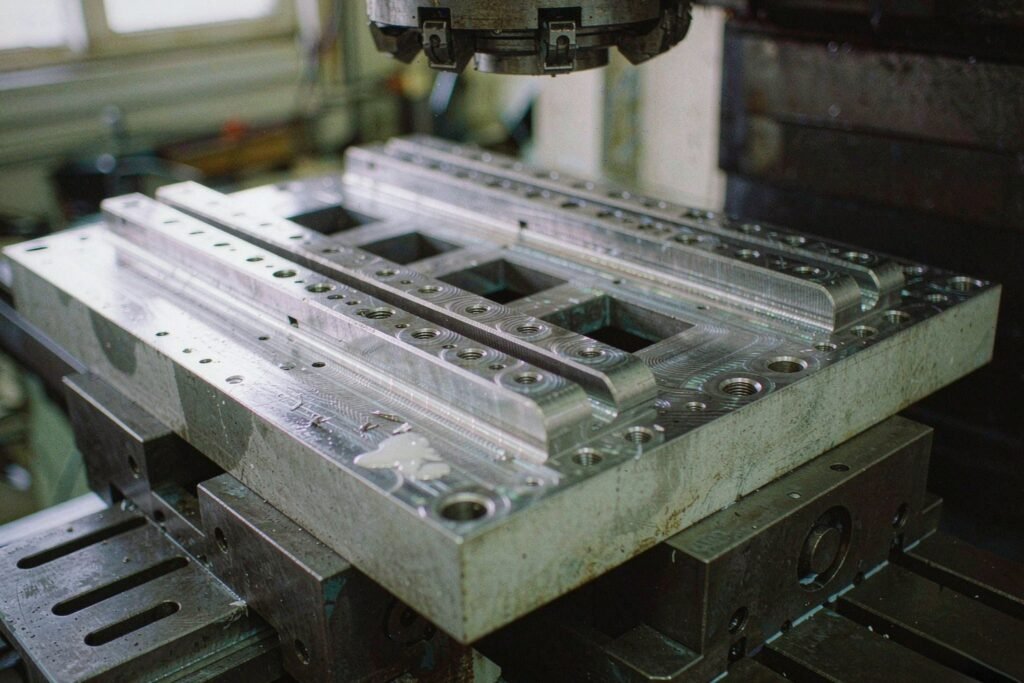 CNC machined aluminium base plate with two parallel machined rail seats, milled shoulders, tapped mounting holes and reamed dowel holes