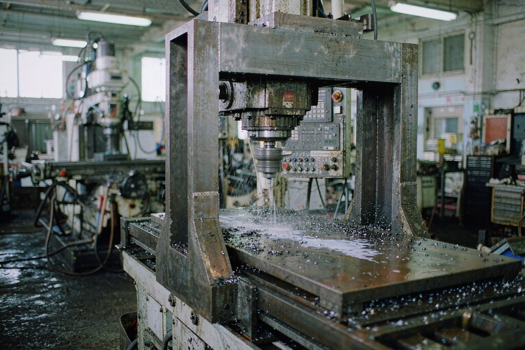 CNC machining of a heavy steel machine frame on a gantry machining centre