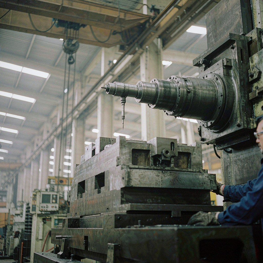 Large-format CNC machining of an oversized steel workpiece in a factory hall