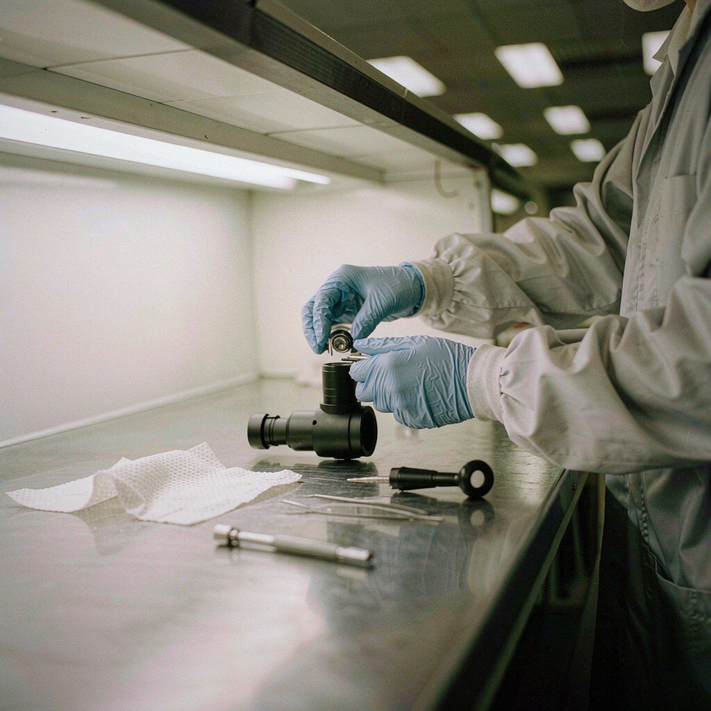 Cleanroom assembly of a lens into a machined anodised barrel