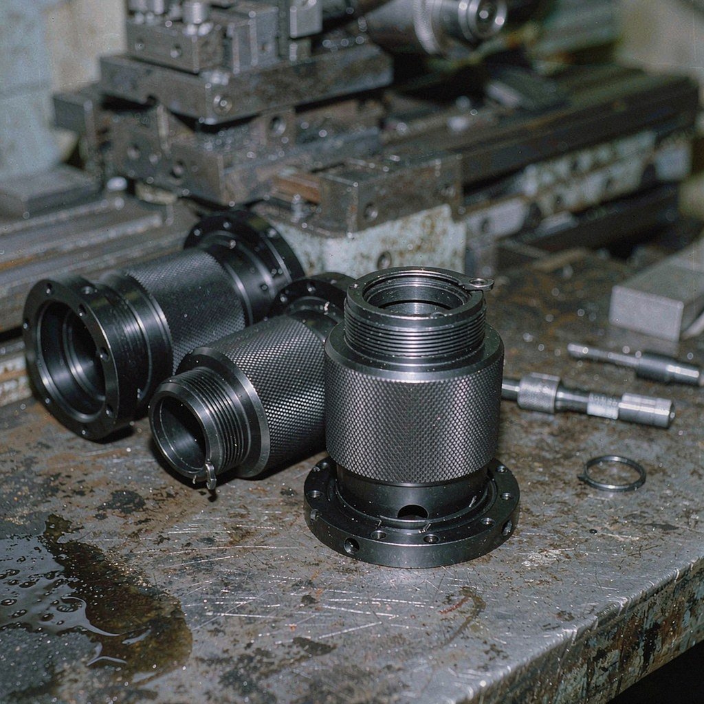CNC turned black anodised lens housings with stepped bores, lens seats and retaining-ring threads