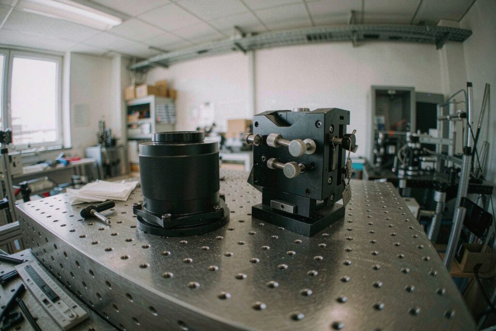 Optical breadboard with a machined black anodised lens barrel and a kinematic mount