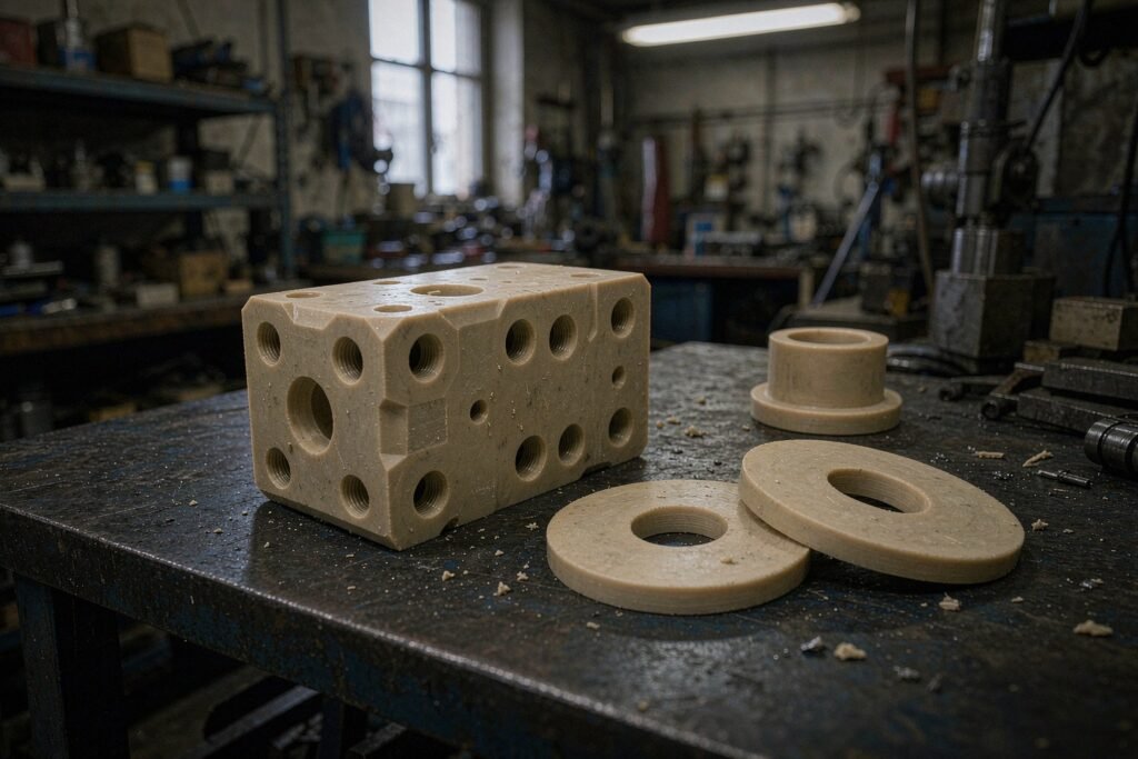 Machined tan-beige PEEK parts: a manifold block with drilled ports and threaded holes, flat insulating washers and a shouldered bushing