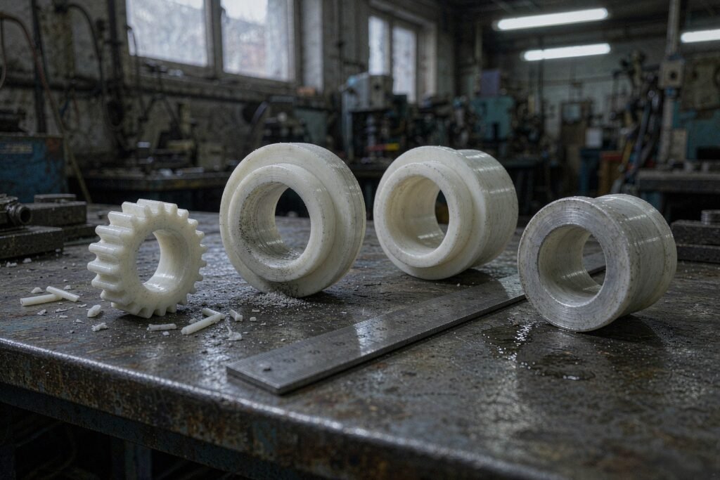 Machined white acetal POM parts: a spur gear, a flanged sleeve bushing, a stepped spacer ring and a valve seat ring with a conical sealing face