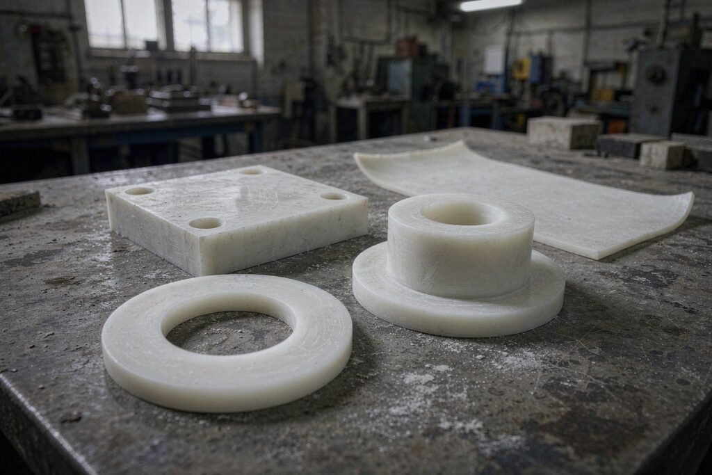 Machined white PTFE parts: a ring gasket, a flanged bushing with a bore, a square insulating block with counterbored holes and a curled skived sheet blank