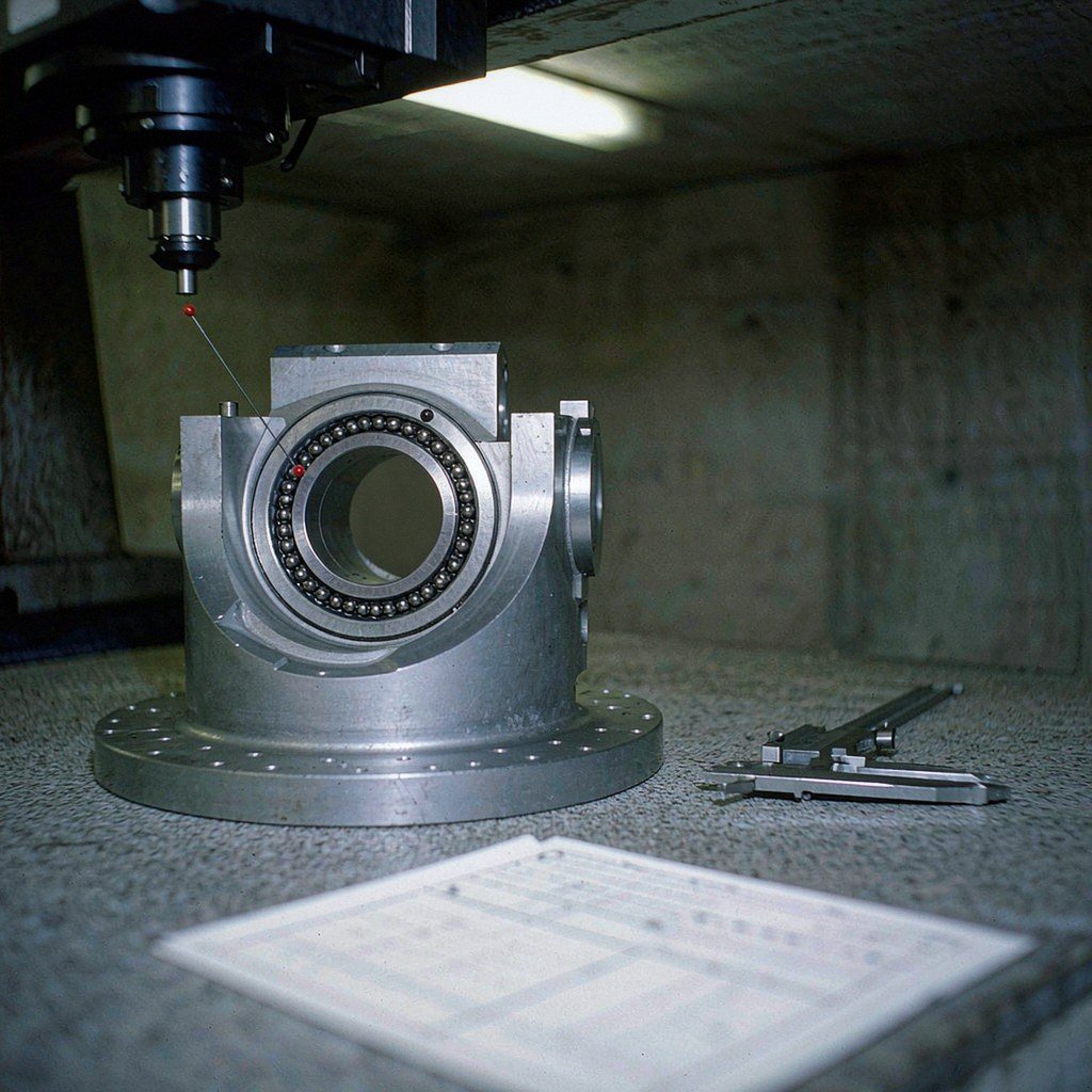 CMM inspection of a machined robot joint housing with a bored bearing seat