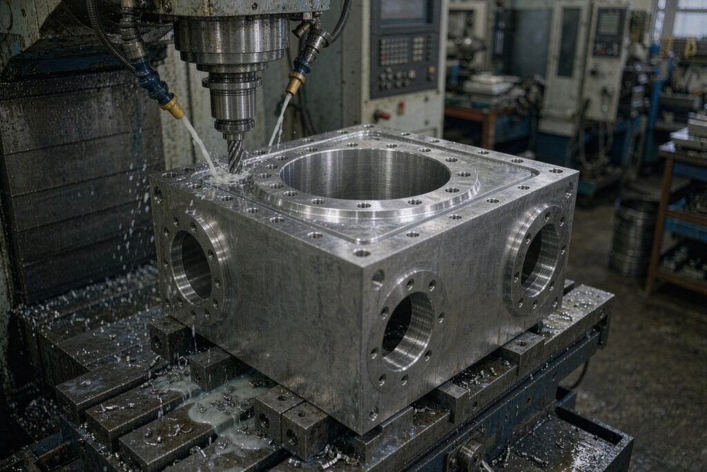 CNC machining of an aluminium vacuum chamber body with a circular port and a bolt-hole circle on a machining centre table