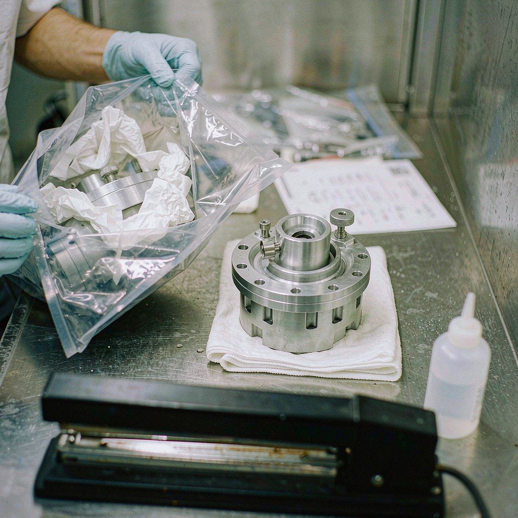 Precision cleaning and cleanroom bagging of a machined semiconductor part at a packing bench