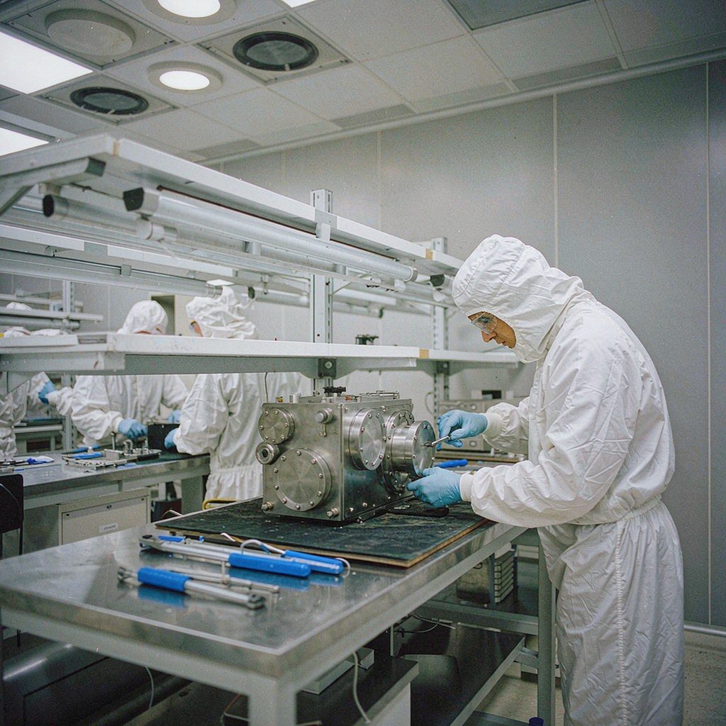 Cleanroom assembly of a machined aluminium vacuum chamber on a stainless bench under a HEPA filter ceiling