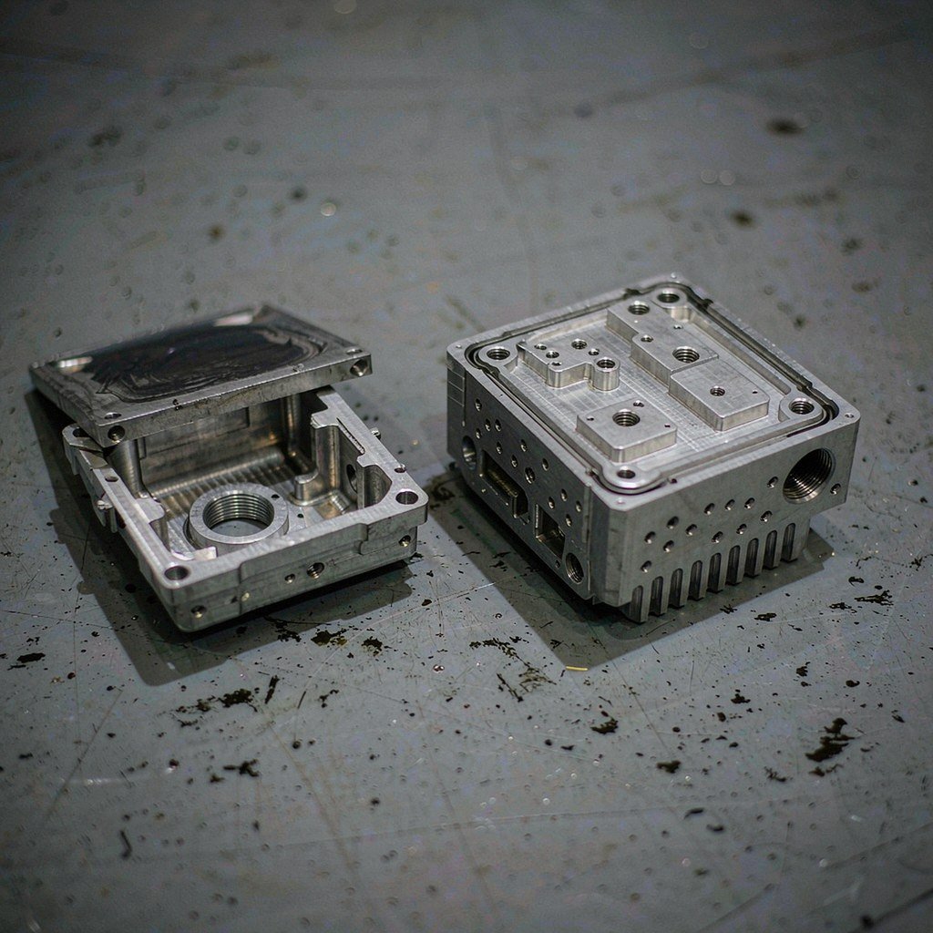 CNC machined precision housings in aluminium, one with the lid removed showing an internal pocket and a gasket groove around the flange