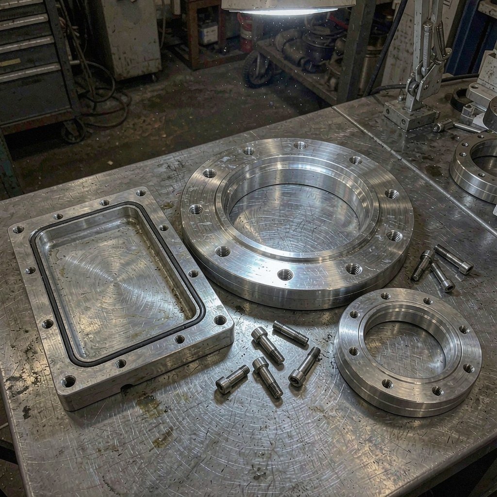 Vacuum components: a stainless ConFlat flange with a knife-edge ridge, a machined aluminium chamber lid with an O-ring groove and a KF flange