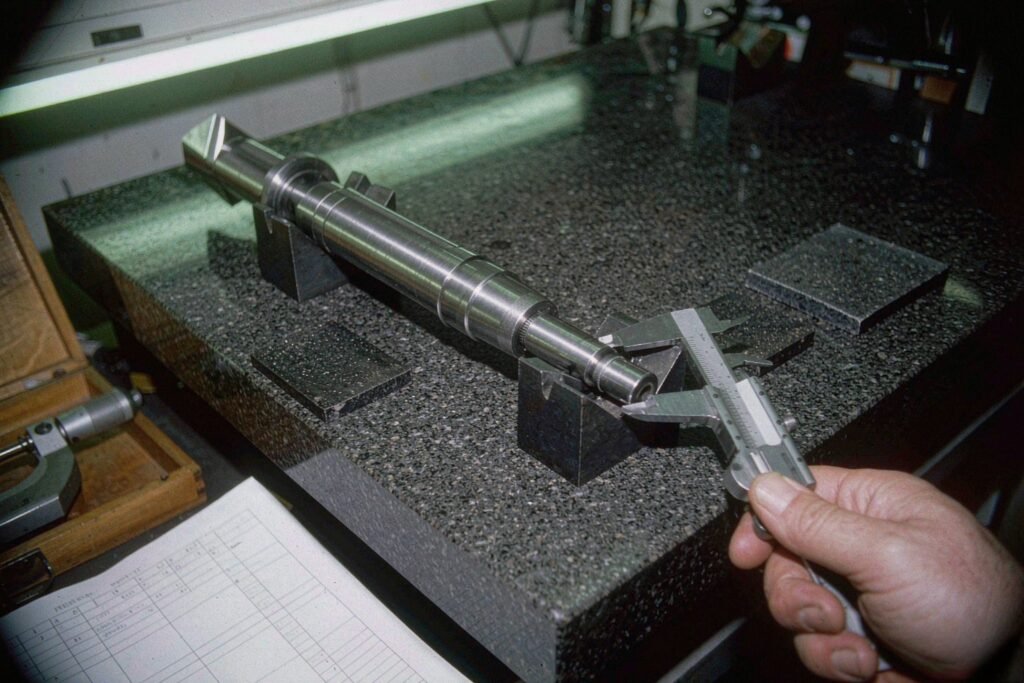 A stainless steel stepped shaft measured with vernier calipers across V-blocks on a granite surface plate beside surface-finish comparison plaques and a blank inspection sheet