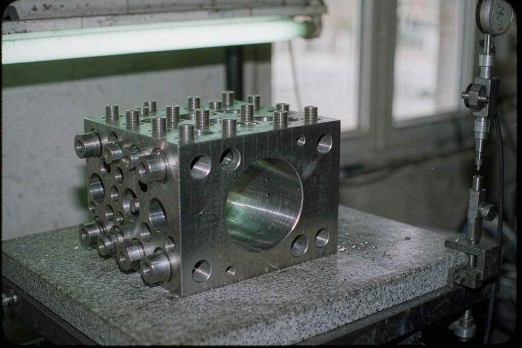 A machined stainless steel hydraulic manifold block on a granite inspection plate, threaded port bosses, a through-bored central gallery and four corner mounting holes