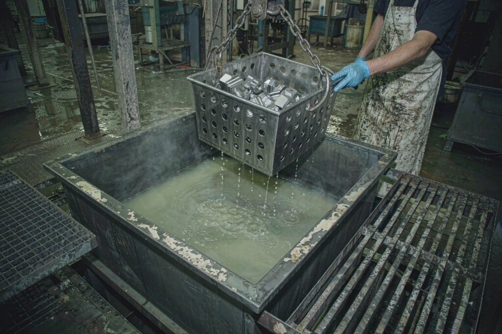A perforated steel basket of machined stainless steel parts being lifted out of a passivation tank in a metal finishing shop, droplets falling back into the bath