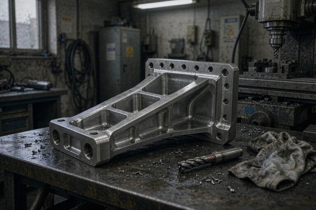 CNC-milled titanium aerospace bracket with deep lightening pockets, ribbed walls and a bolt-hole flange, shown with a carbide end mill