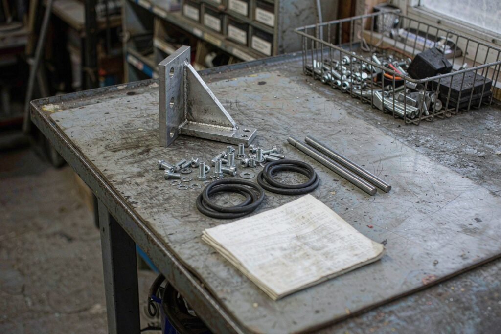 One build worth of components laid out in grey compartment boxes on a worn ESD bench mat: a machined aluminium L-bracket with a gusset, socket-head cap screws, spring washers, O-rings, dowel pins and a folded traveller sheet