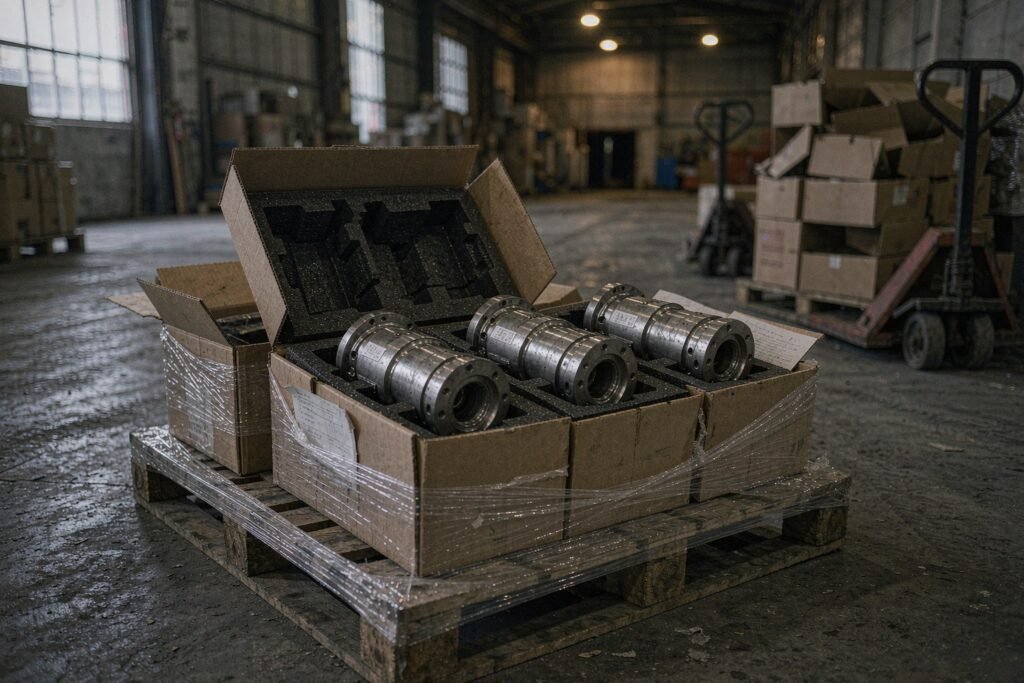 Three finished machined aluminium assemblies nested in die-cut black foam inside brown corrugated cartons on a wooden pallet, serial labels applied and stretch wrap part-wrapped in a dispatch bay
