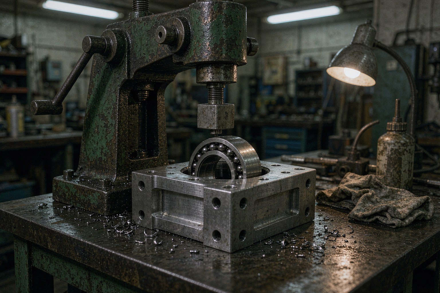 A hand-operated arbor press fitting a steel ball bearing into the bored central seat of a machined aluminium housing, the ring of bolt holes and ribbed side walls visible under the ram