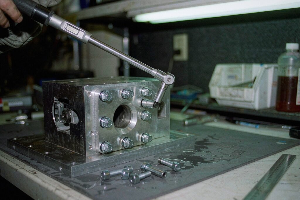 A click-type torque wrench engaged on a hexagon-head cap screw in the bolted flange of a machined aluminium housing clamped to a steel assembly fixture, knurled handle and scale window visible on a grey ESD bench mat
