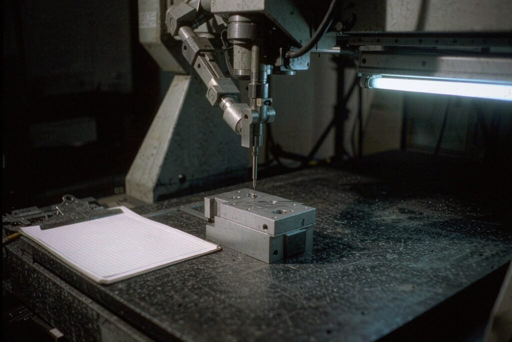 CMM inspection of a machined aluminium housing on a granite plate, the ruby probe touching the part beside a blank inspection form and calipers