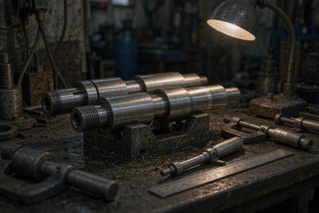 High tolerance ground steel shafts resting on V-blocks: stepped diameters, a keyway and a threaded end with a faint oil film on the ground surface