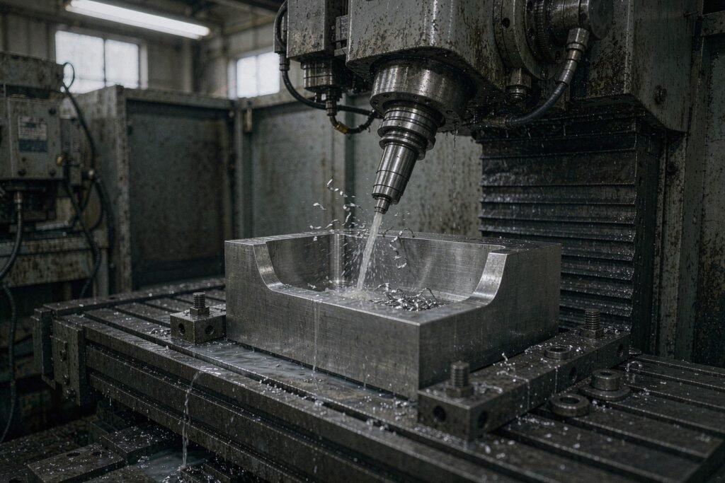 Simultaneous five-axis machining of a deep cavity in an aluminium block, the ball-nose cutter tilted off vertical against a tapered cavity wall with through-tool coolant washing chips from the floor