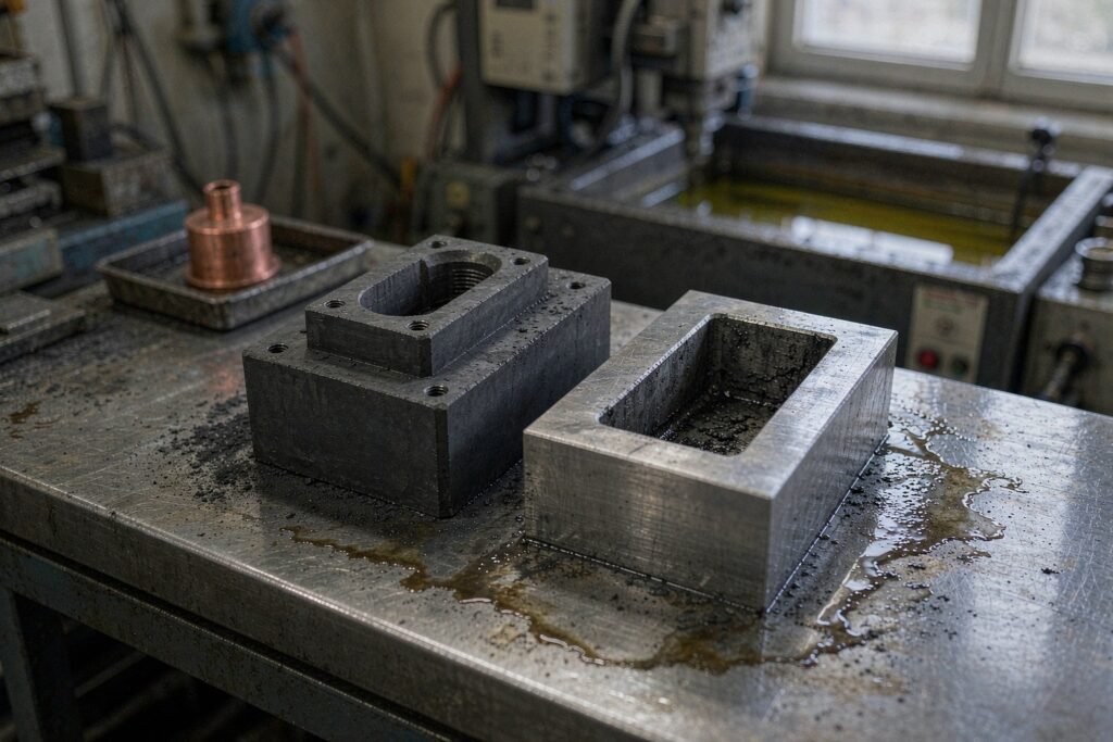 A graphite sinker EDM electrode beside the hardened steel block with the matching spark-eroded blind cavity, a copper electrode in a tray behind
