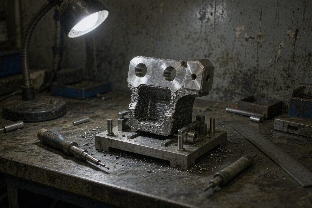 A hybrid manufactured bracket with a layered additively manufactured lower body and bright machined mounting face, bores and datum pad, held on a fixture plate