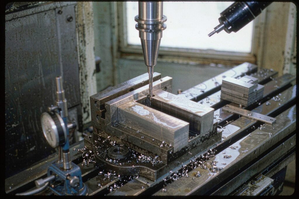 A long-reach milling setup: a necked carbide end mill protruding from a hydraulic toolholder and reaching into a deep narrow slot in a steel block
