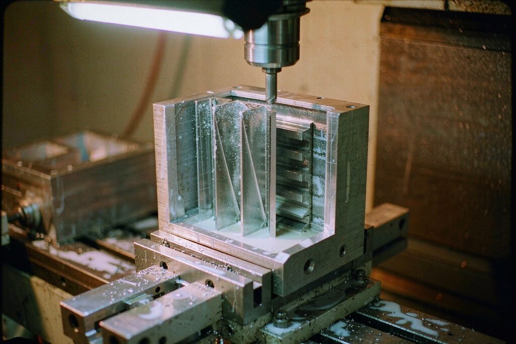 A thin-walled aluminium housing being machined, tall thin walls around a deep milled pocket with support blocks packed behind one wall and coolant in the pocket floor