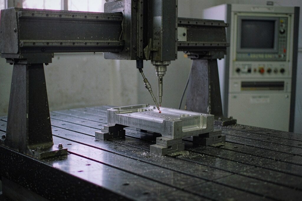 A bridge-type CMM measuring a machined aluminium housing: the touch-trigger probe with its ruby ball stylus touching the top face of the part clamped on step blocks on a granite surface plate