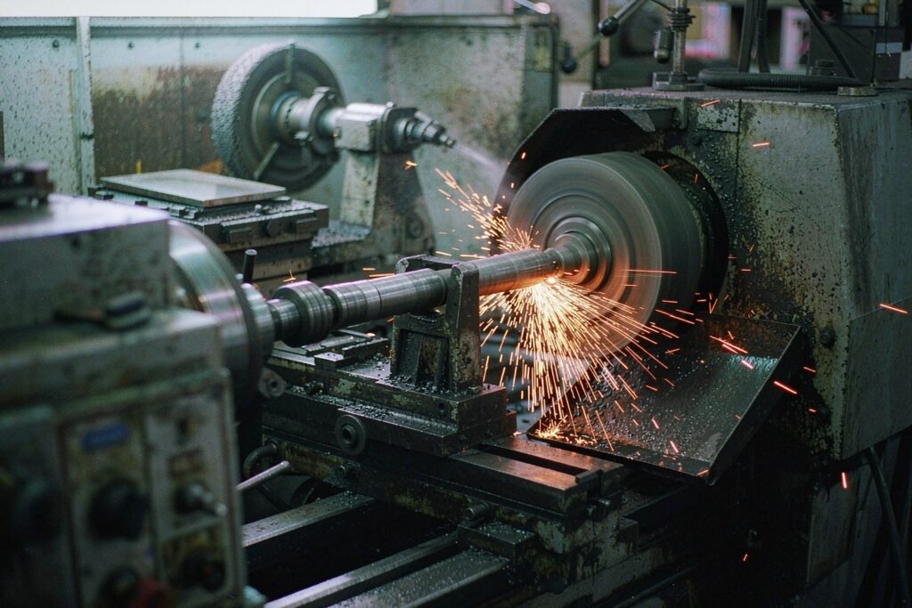 Precision cylindrical grinding of a steel shaft between centres, the grinding wheel throwing a fan of sparks into the splash guard while coolant is sprayed at the contact point