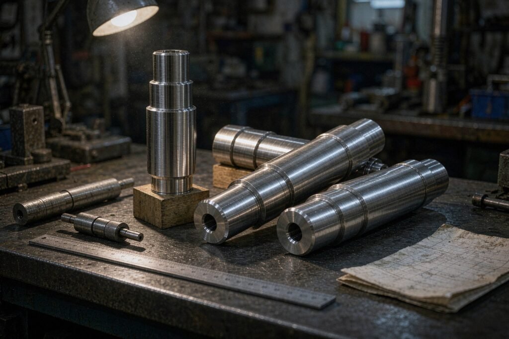 Finished precision turned shafts with multiple ground diameter steps, chamfered ends and centre holes laid out on a bench with snap gauges and a steel rule
