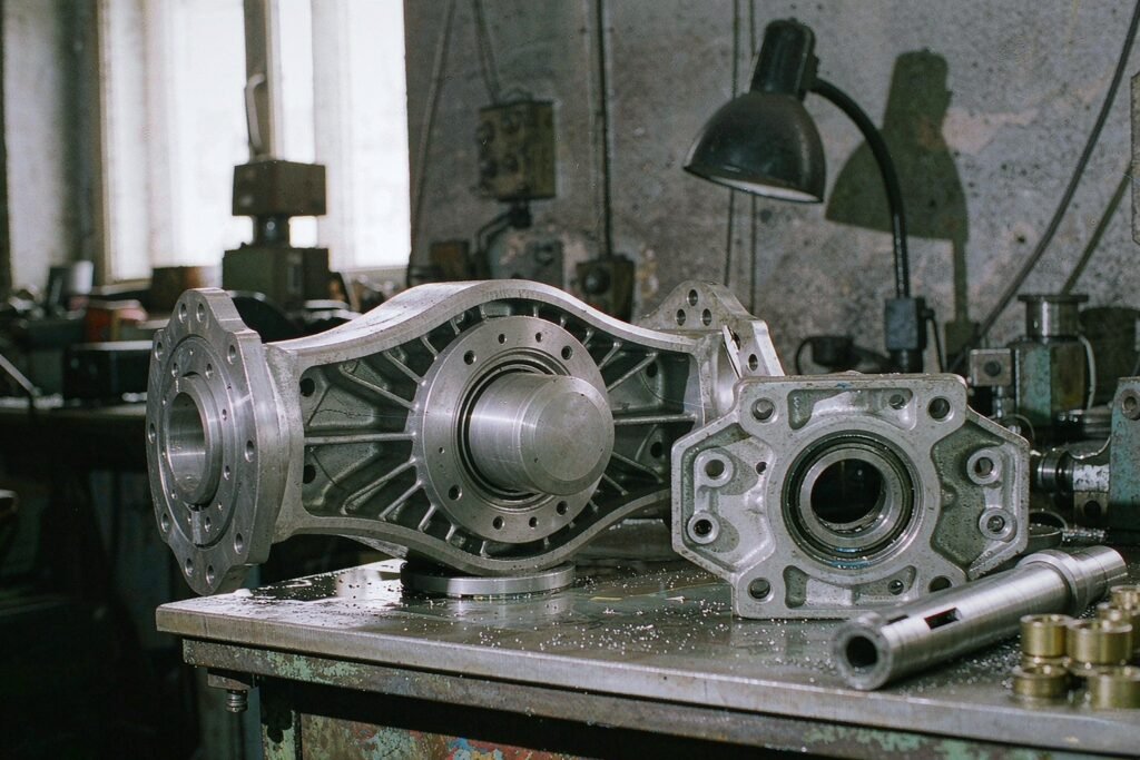 Robot joint and motion components: an aluminium arm link with bored circular joint bosses at each end and a ribbed pocket between them, a cast motion bracket with a central bearing seat, and a keyed steel transmission shaft