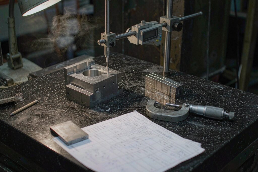 First-article inspection on a black granite surface plate: a machined aluminium housing, a digital height gauge with its scriber against a machined face, gauge blocks, an outside micrometer and a printed inspection report