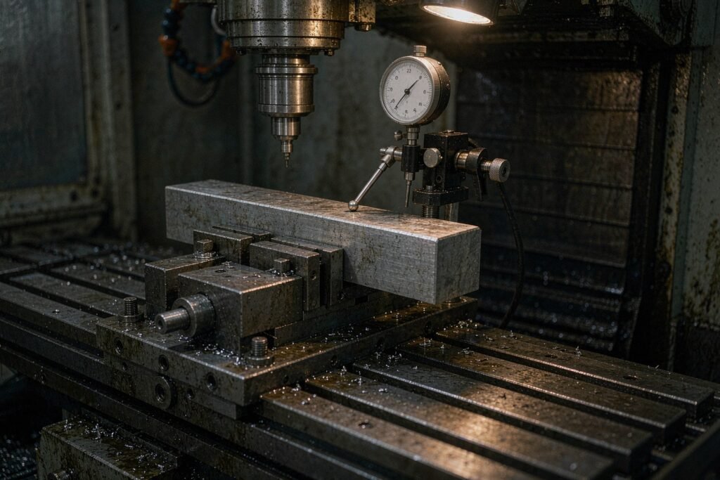 First-piece setup on a CNC machining centre: a raw aluminium billet clamped in a steel milling vise with a magnetic-base dial test indicator tipped against its side, T-slot clamps and aluminium chips on the machine table