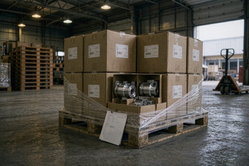 A completed small batch packed for dispatch: cartons stacked on a pallet in a dispatch bay, one open showing machined parts in corrugated dividers, a packing list clipped to the pallet edge