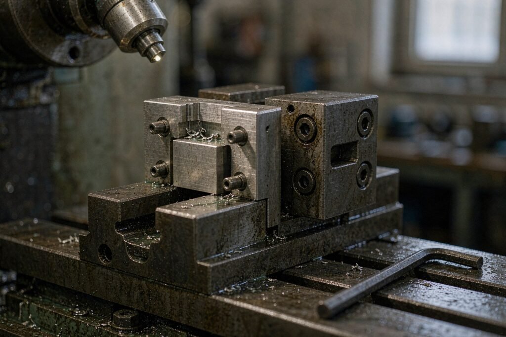 Machined aluminium soft jaws in a CNC vise, the front faces milled with a stepped pocket matching the part profile, part clamped against two locating dowel pins