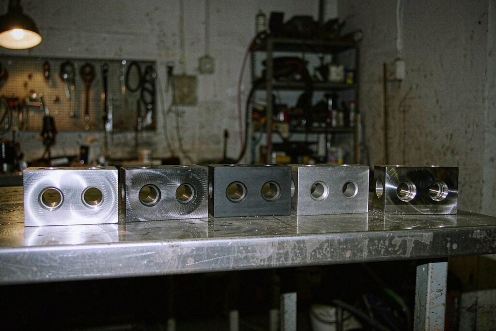 One machined block shape in five surface finishes in a row: bare aluminium with tool marks, hard anodised grey, matte black anodised, bead-blasted satin and a mirror electropolished stainless face