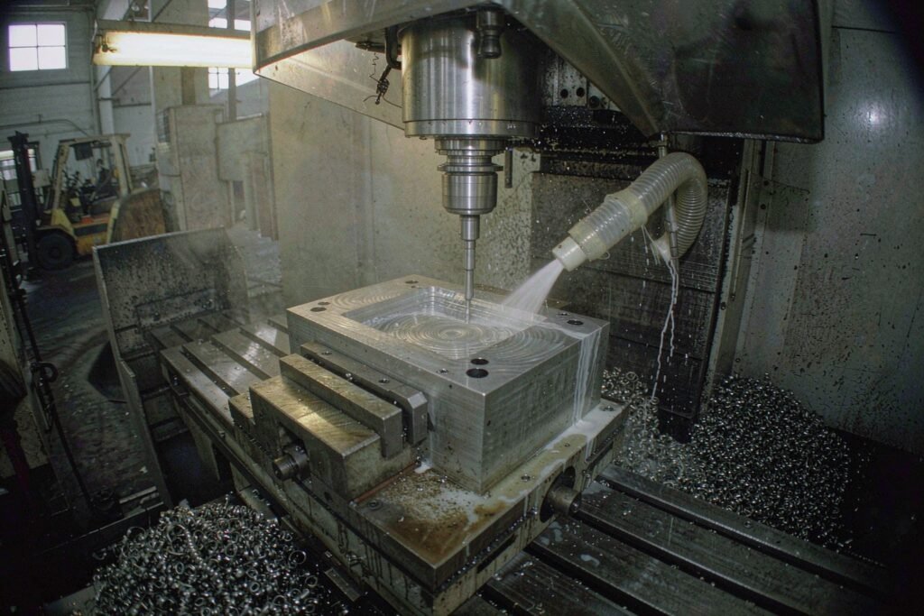 A vertical machining centre milling a rectangular aluminium housing, a four-flute end mill cutting a pocket while a coolant nozzle washes the cut and curled chips collect on the machine table