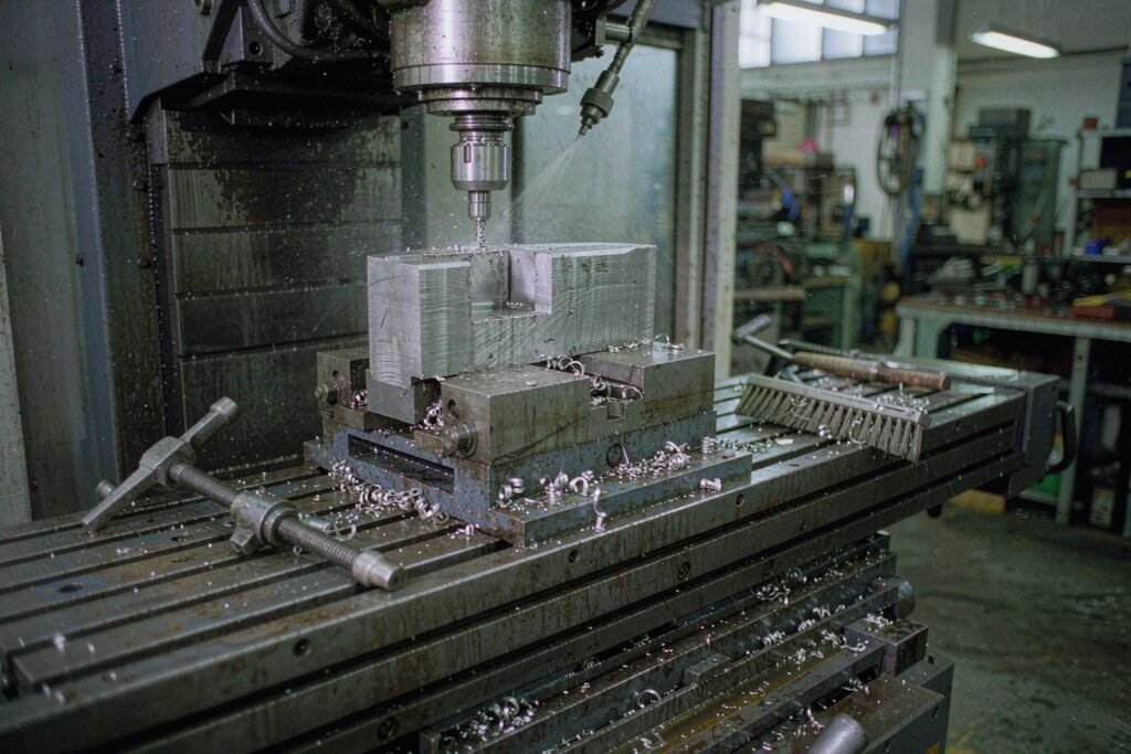 A prototype part being cut on a CNC machining centre: an aluminium billet clamped in a steel milling vise, a two-flute end mill cutting a stepped pocket, curly aluminium chips at the vise base and a coolant nozzle aimed at the cut