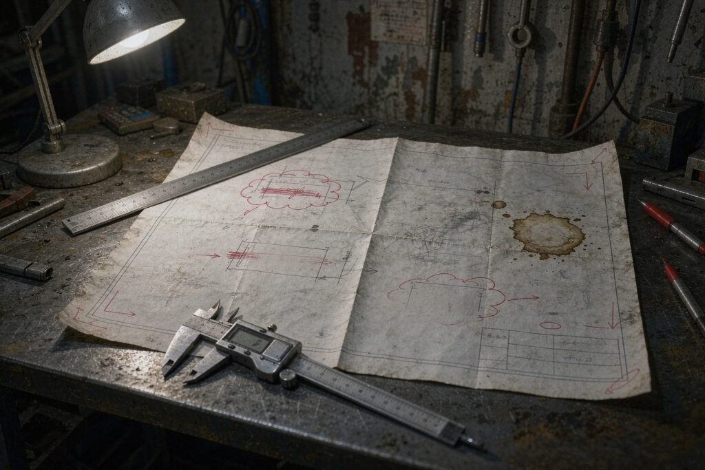A printed engineering drawing on a steel bench marked up by hand with a red pen: revision clouds around dimension callouts, one dimension struck through with a new value beside it, a steel rule and a dial caliper on the sheet